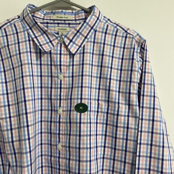L.L. Bean Dress Shirt Men's XL Blue White Pink Plaid Pinpoint Oxford 100% Cotton - Picture 5 of 12